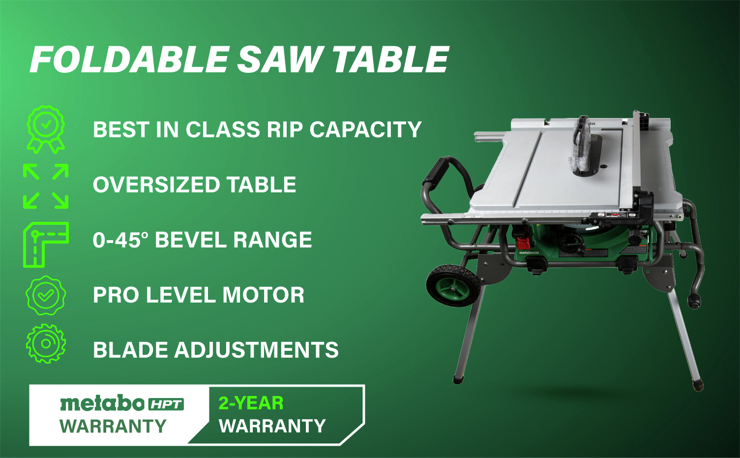 Foldable Saw Table with oversized rip capacity, pro-level motor, and easy blade adjustments.