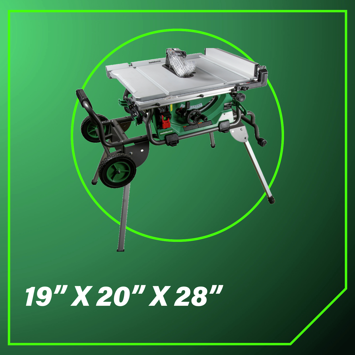 19in. x 20in. x 28in. for stability and portability.