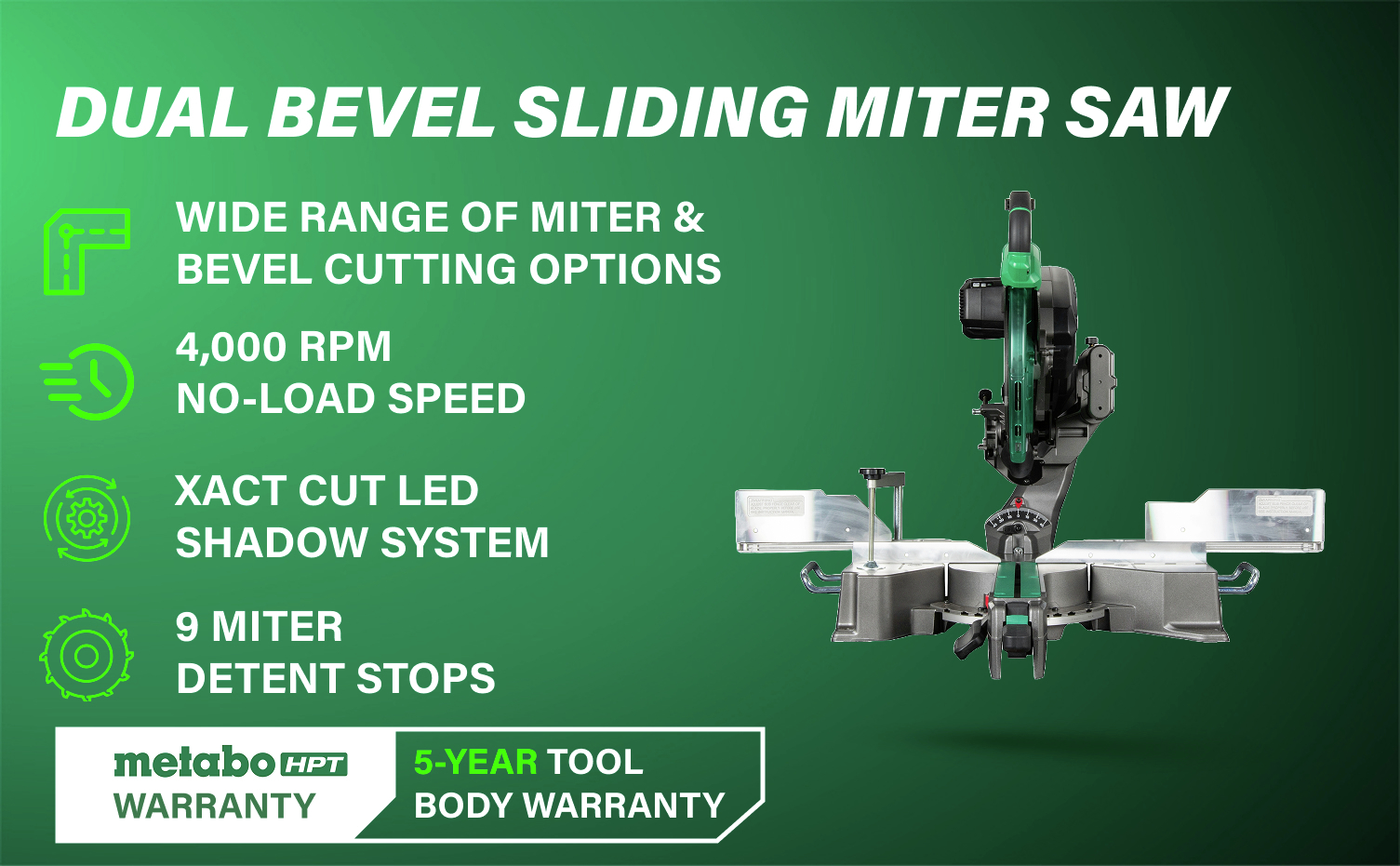 Dual Bevel Sliding Miter Saw with 4,000 RPM speed, LED shadow line, and 9 detent stops.