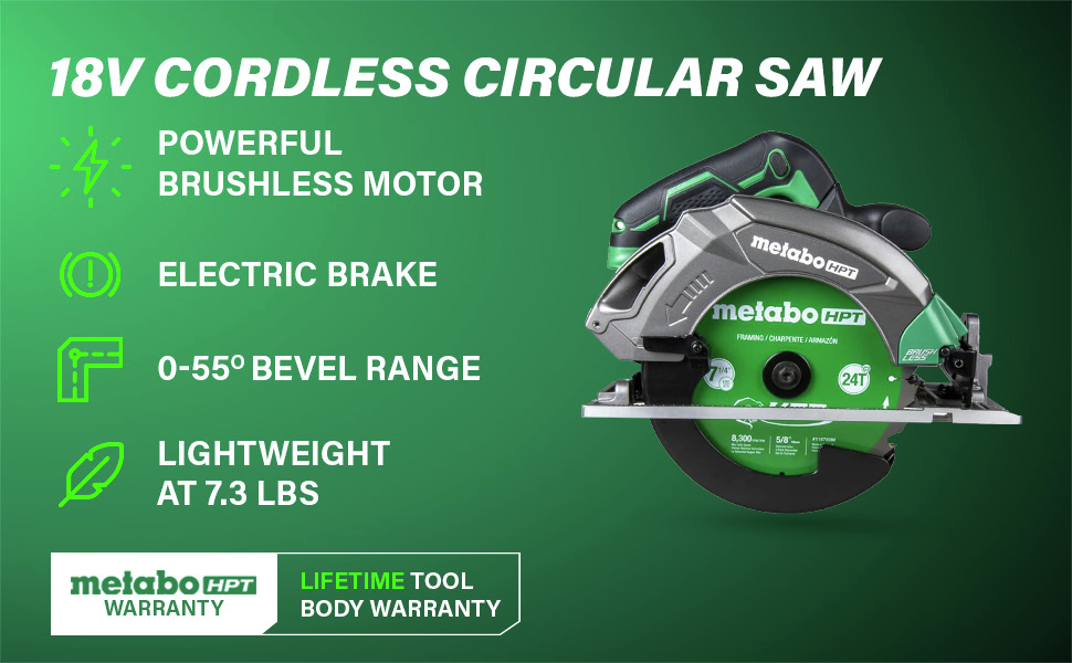 18V Cordless Circular Saw with brushless motor, electric brake, and 0–55 degrees bevel range.