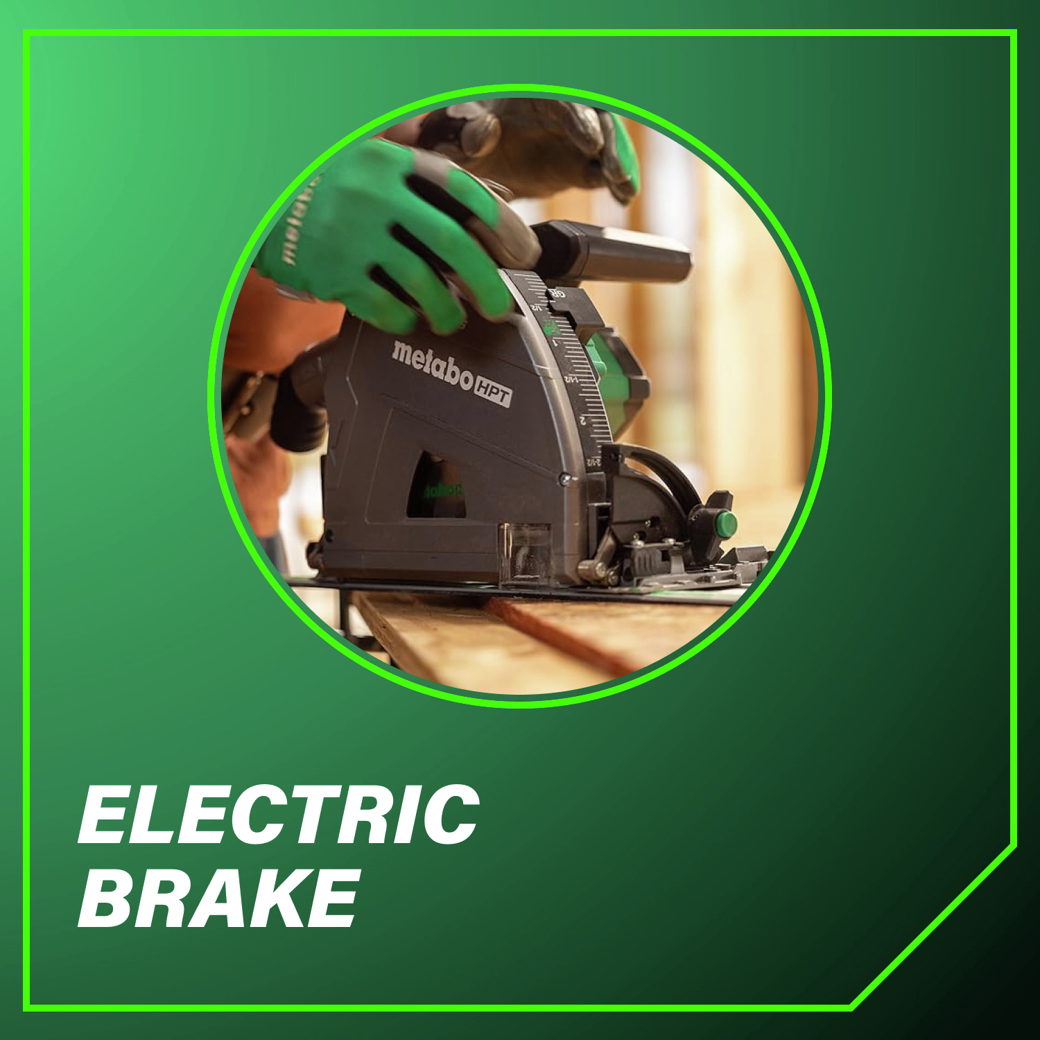 Electric brake stops the blade quickly for controlled cutting.