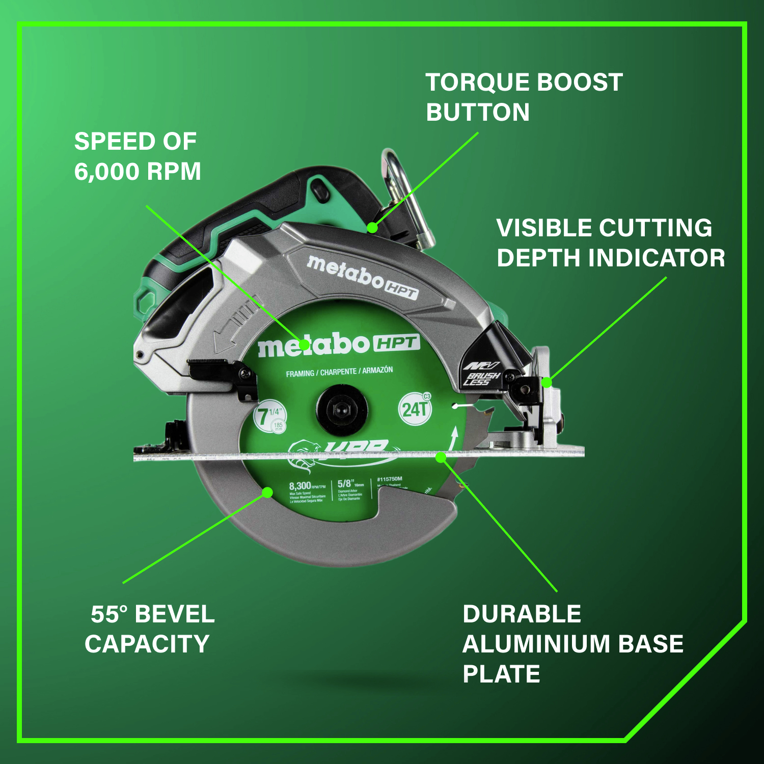 Features 6000 RPM speed, torque boost button, visible cutting depth indicator, 55° bevel capacity, and durable aluminum base plate for top performance.