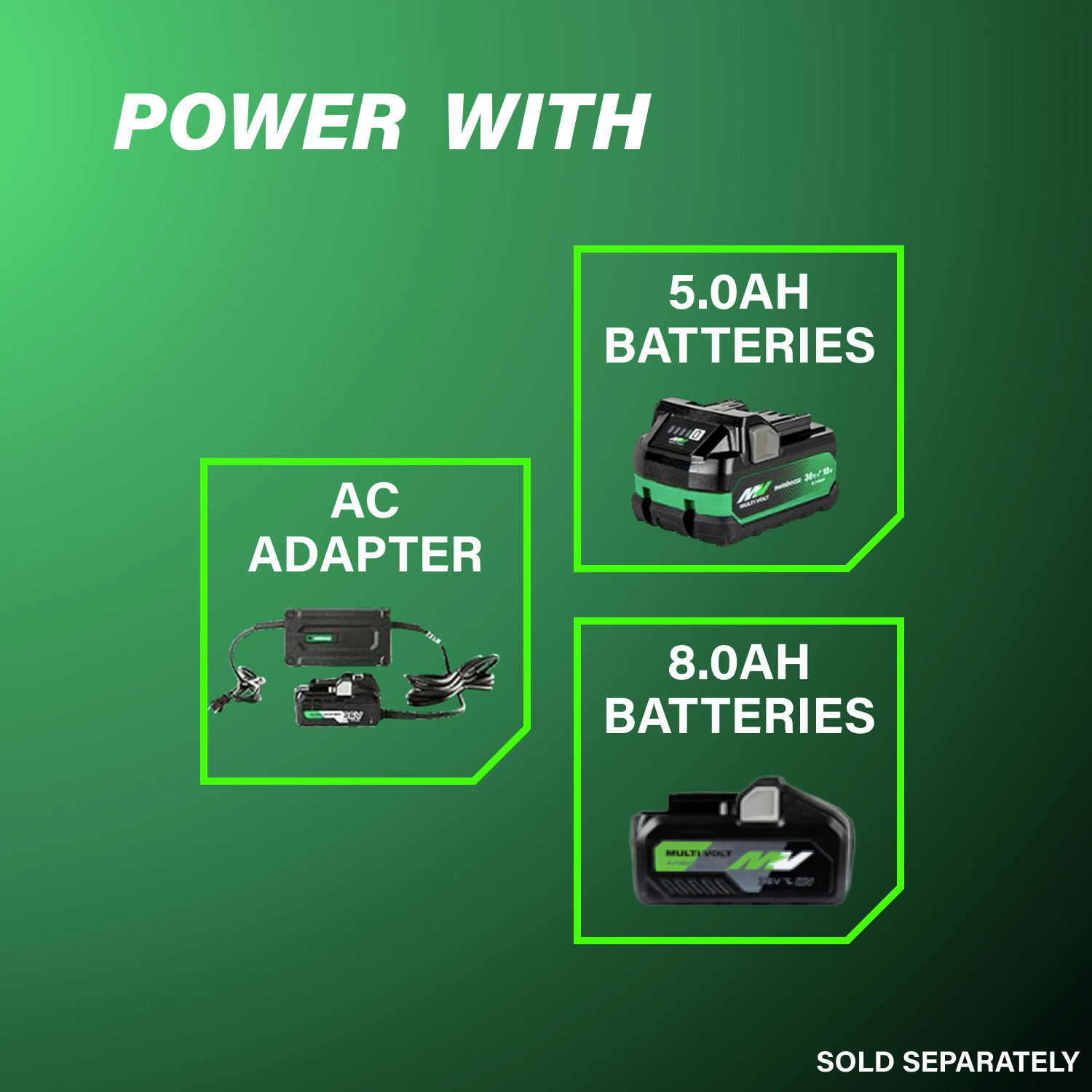 Powered by a 5 Ah or 8 Ah battery and an AC adapter for extended runtime.