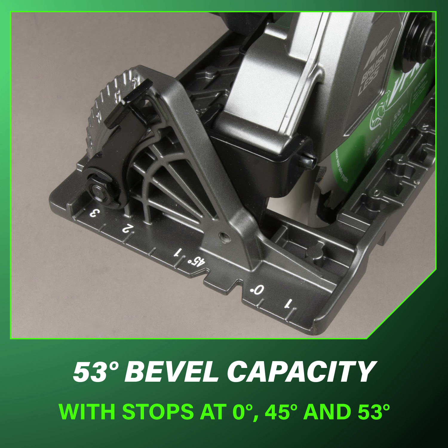 53° bevel capacity with stops at 0°, 45°, and 53° allows for versatile and precise angled cuts.