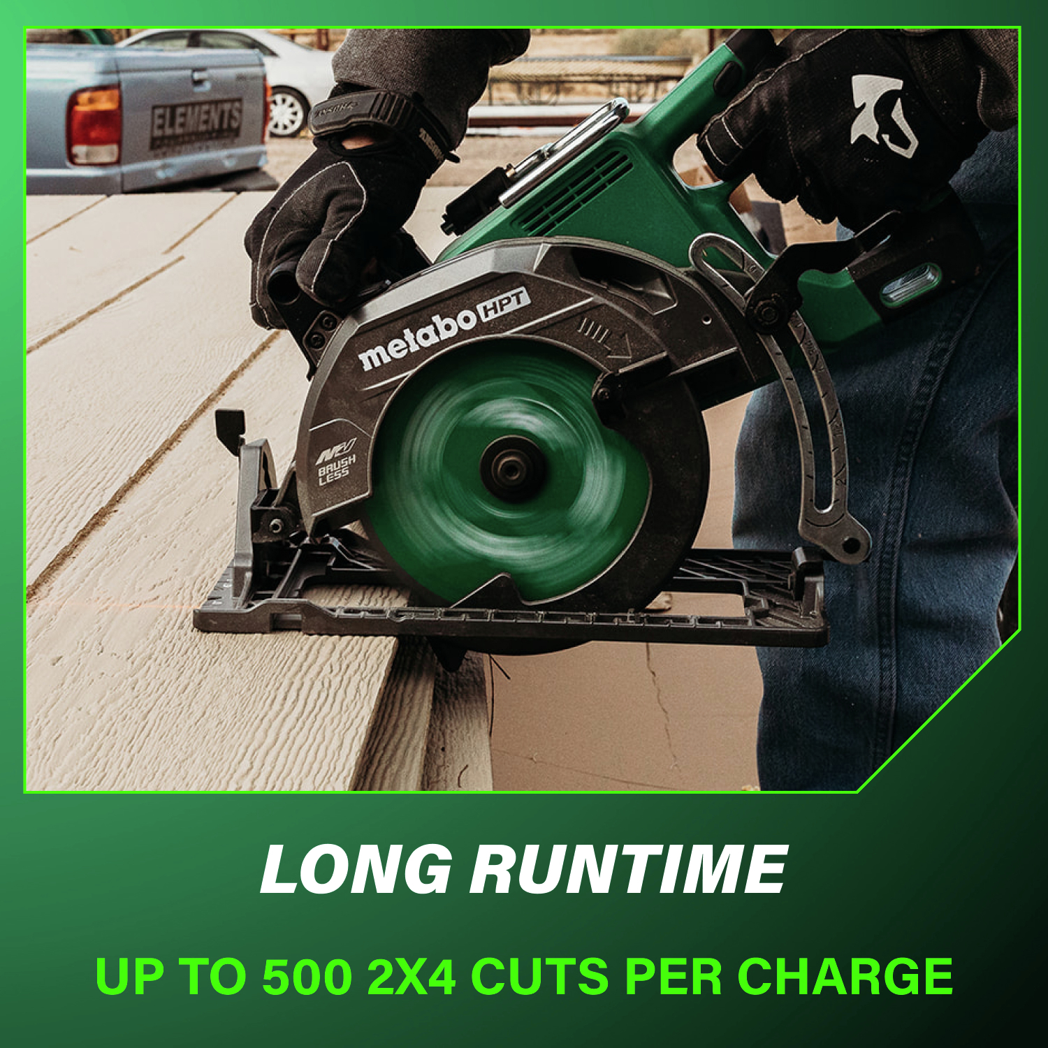 Long runtime provides up to 500 2x4 cuts per charge for uninterrupted productivity.