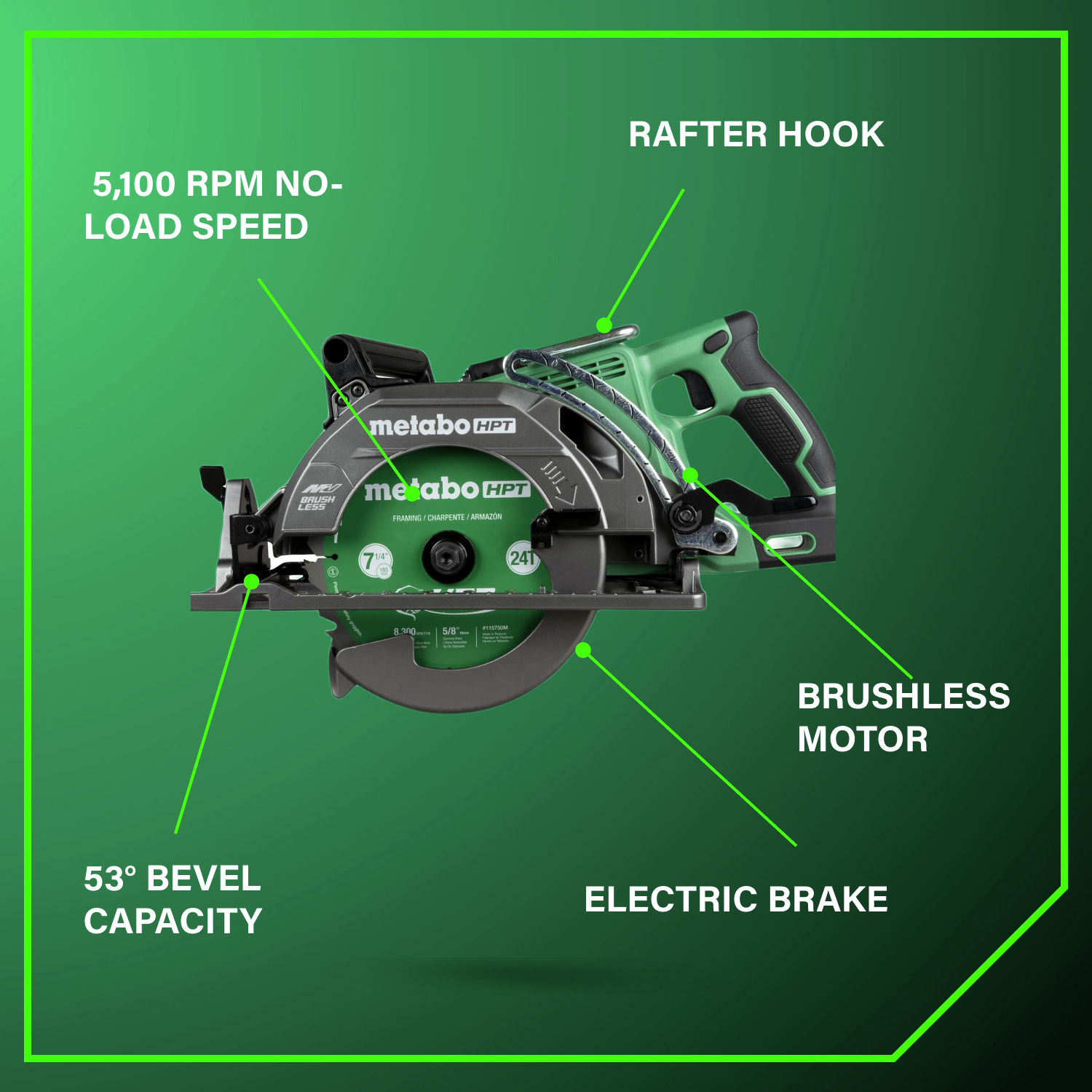 Features 5100 RPM no-load speed, rafter hook, 53° bevel capacity, brushless motor, and electric brake for superior performance.