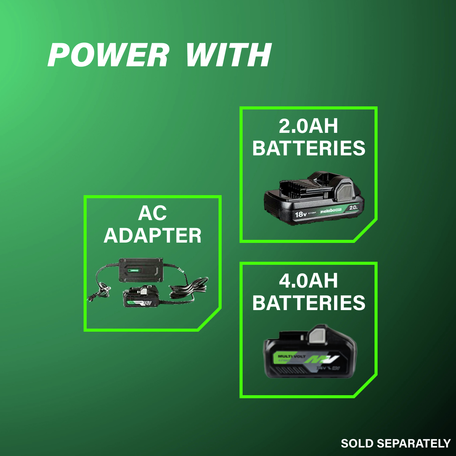 Powered by 2 Ah and 4 Ah batteries with AC adapter (sold separately) for extended operation.