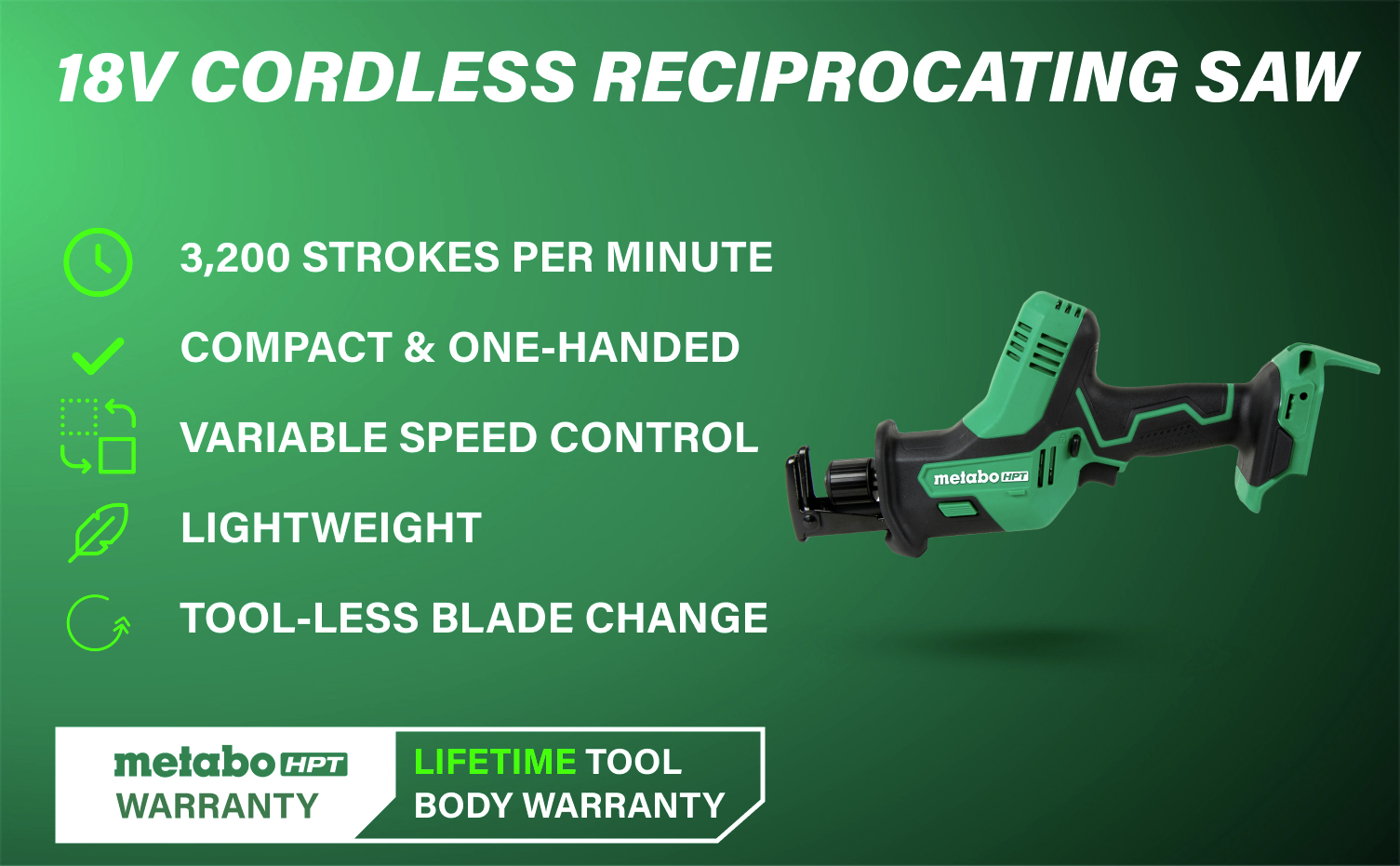 18V Cordless Reciprocating Saw with 3,200 SPM, compact design, and tool-less blade changes.