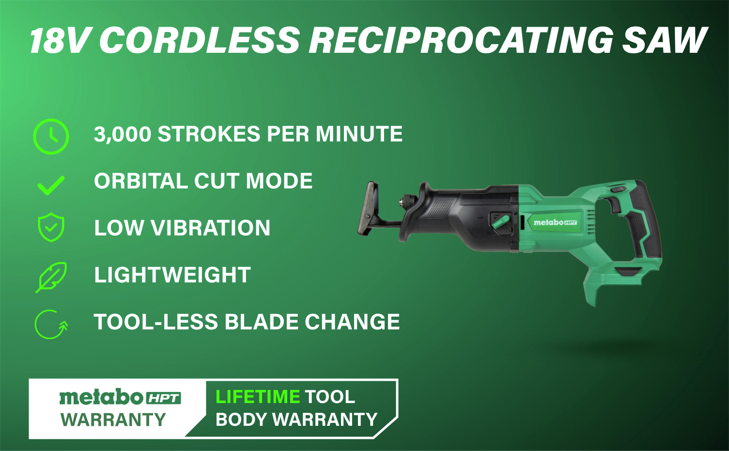 18V Cordless Reciprocating Saw with 3,000 SPM, orbital cut mode, and tool-less blade changes.
