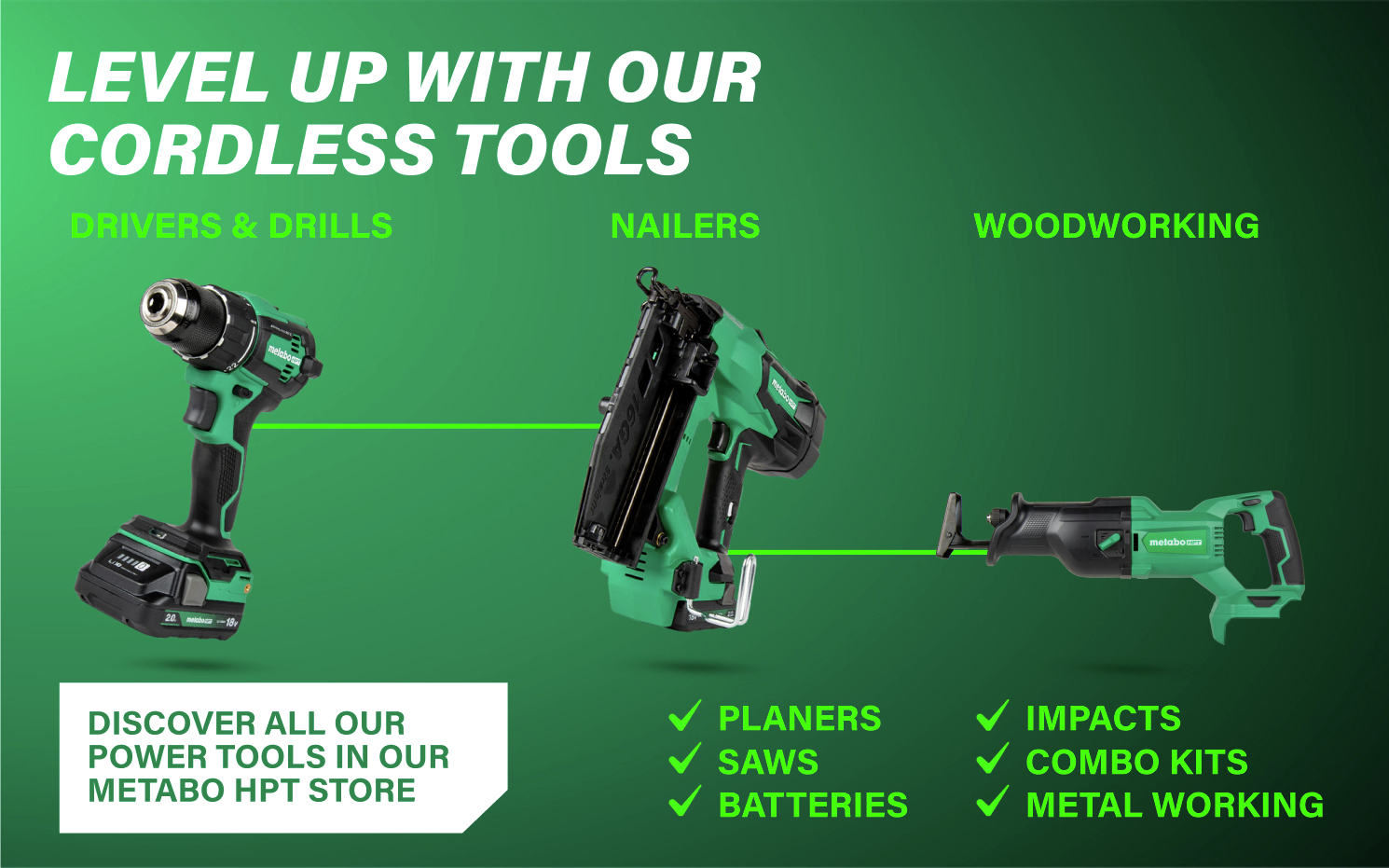 Level up with our cordless tools Find Metabo HPT cordless tools for any job.