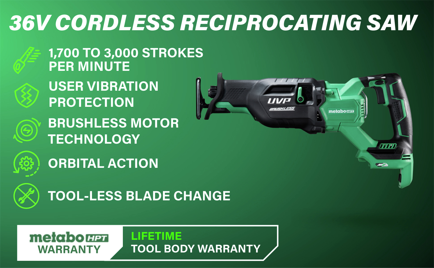 36V Cordless Reciprocating Saw with 1,700–3,000 SPM, orbital action, and tool-less blade changes.