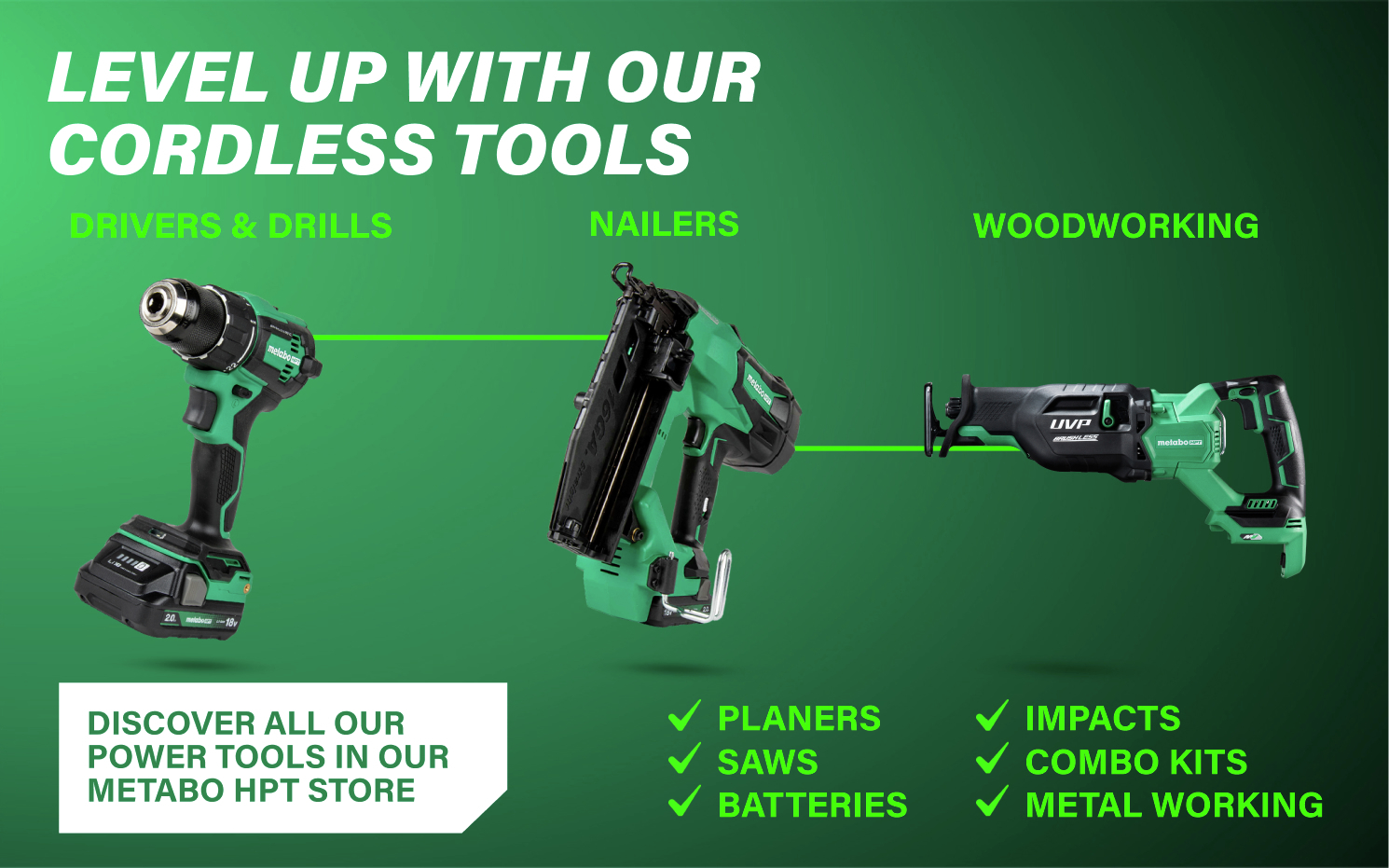 Level up with our cordless tools Check out our full range of Metabo HPT tools.