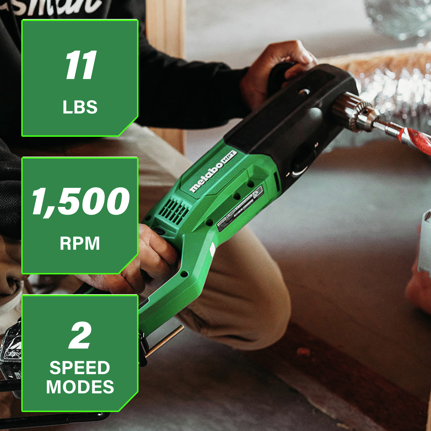 Weighing 11 lbs. with 1500 RPM and two-speed mode, this drill delivers both strength and versatility.