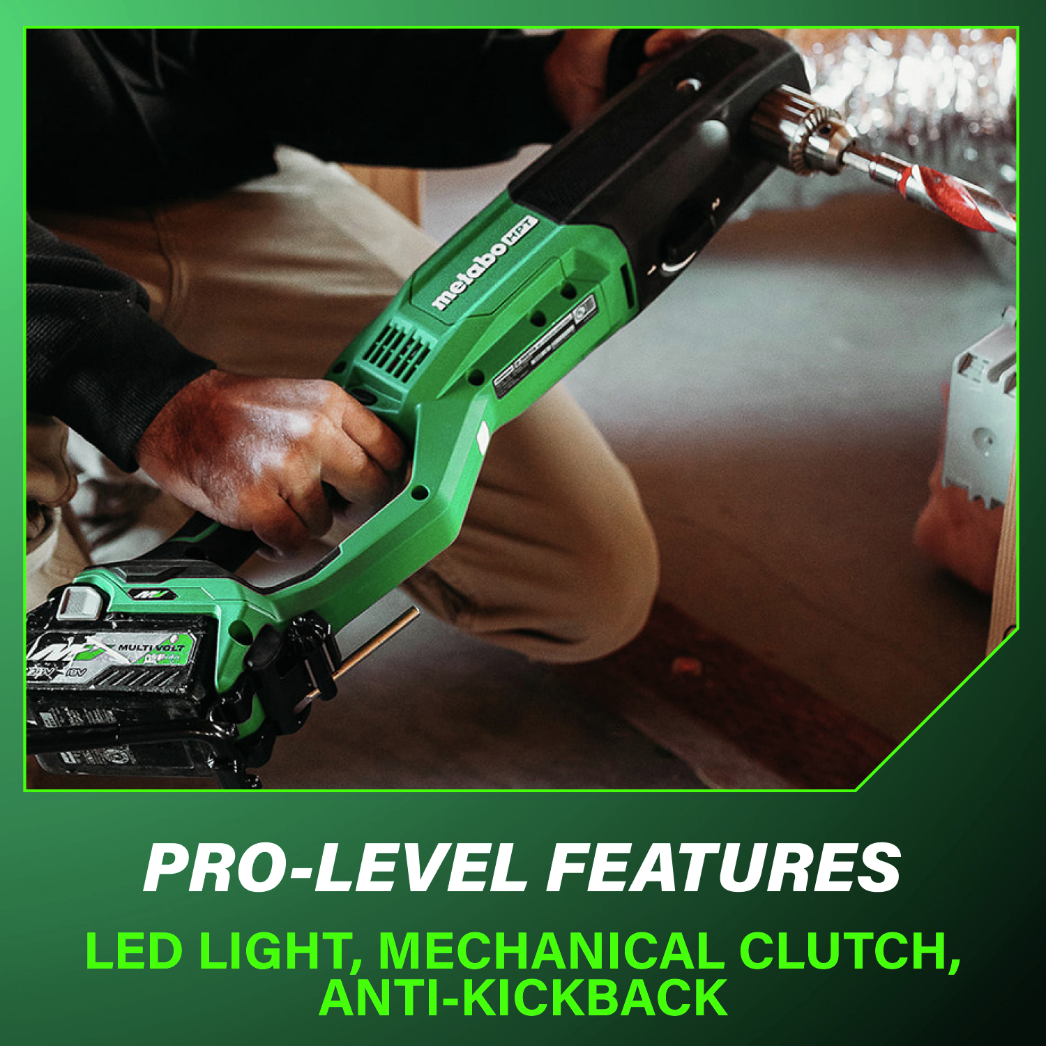 Pro-level features include an LED light, mechanical clutch, and anti-kickback for professional performance.