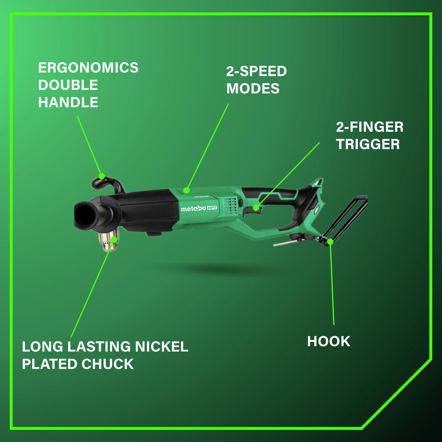 Ergonomic double handle, two-speed modes, two-finger trigger, long-lasting nickel-plated chuck, and convenient hook provide full user control.
