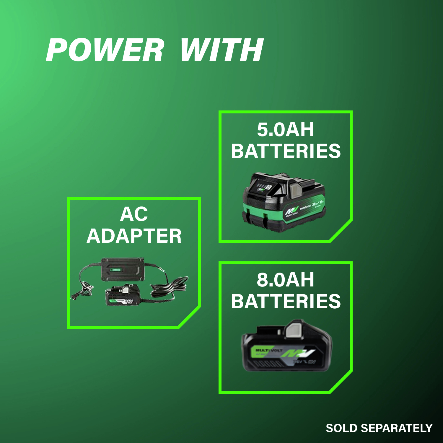 Powered by 5 Ah or 8 Ah batteries with optional AC adapter (sold separately) for extended runtime.