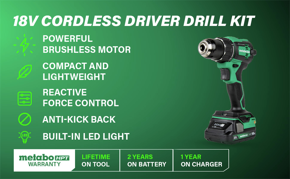 18V Cordless Driver Drill Kit with a brushless motor, LED light, and anti-kickback control.