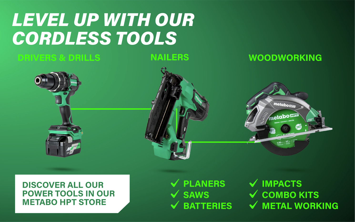 Level up with our cordless tools See all Metabo HPT cordless power tools.