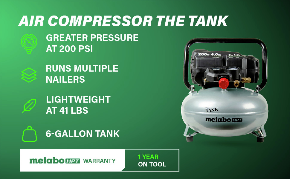 Air Compressor The Tank 6-gallon tank delivers 200 PSI performance while staying lightweight at 41 lbs.