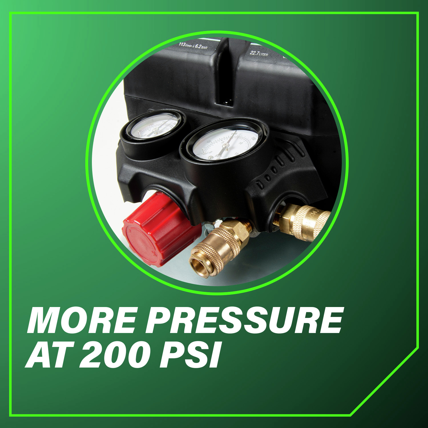 More pressure at 200 PSI ensures longer run-time and more tools per tank fill.