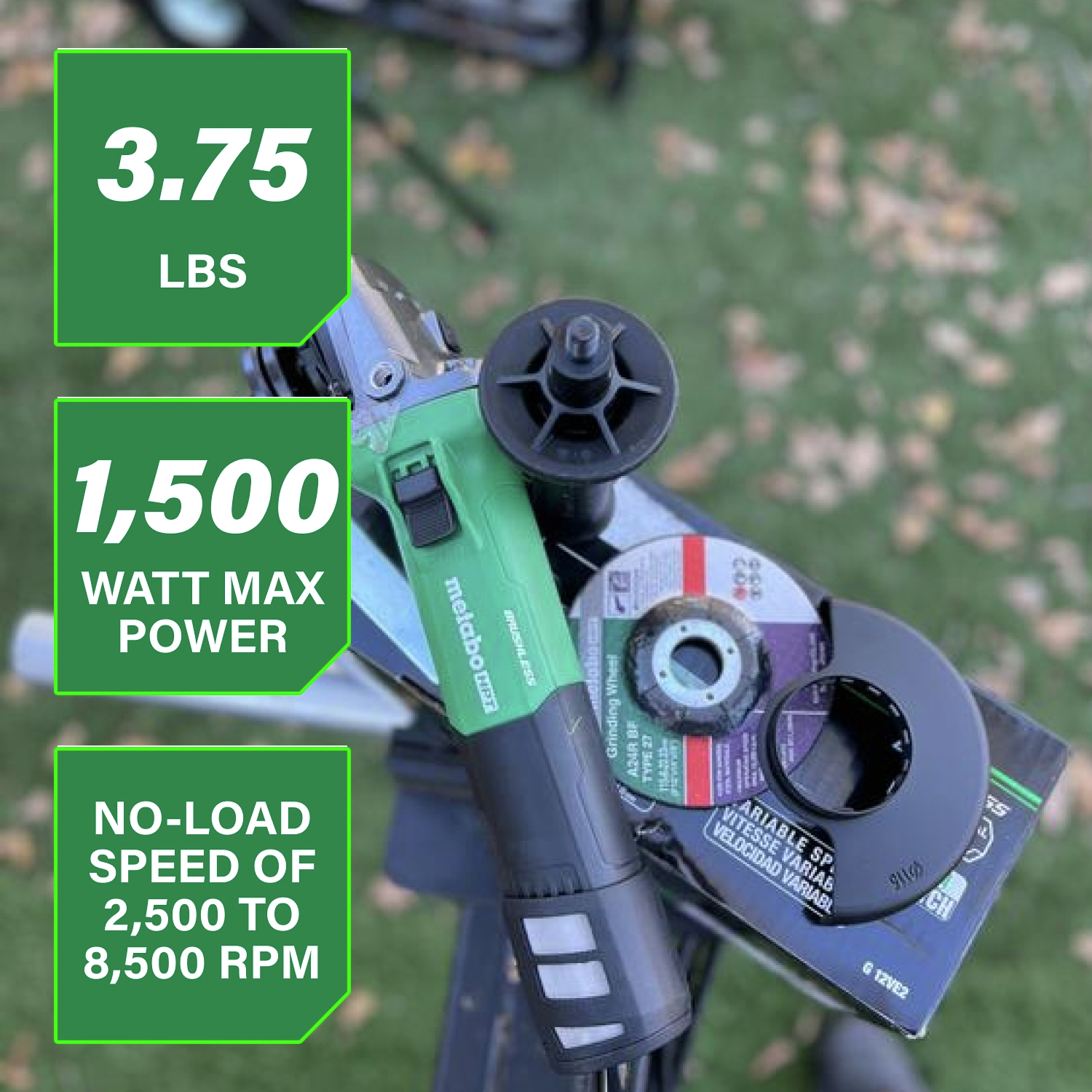 Weighing just 3.75 lbs., this angle grinder provides 1500 watts of power with a no-load speed ranging from 2,500 to 8,500 RPM for precise performance.