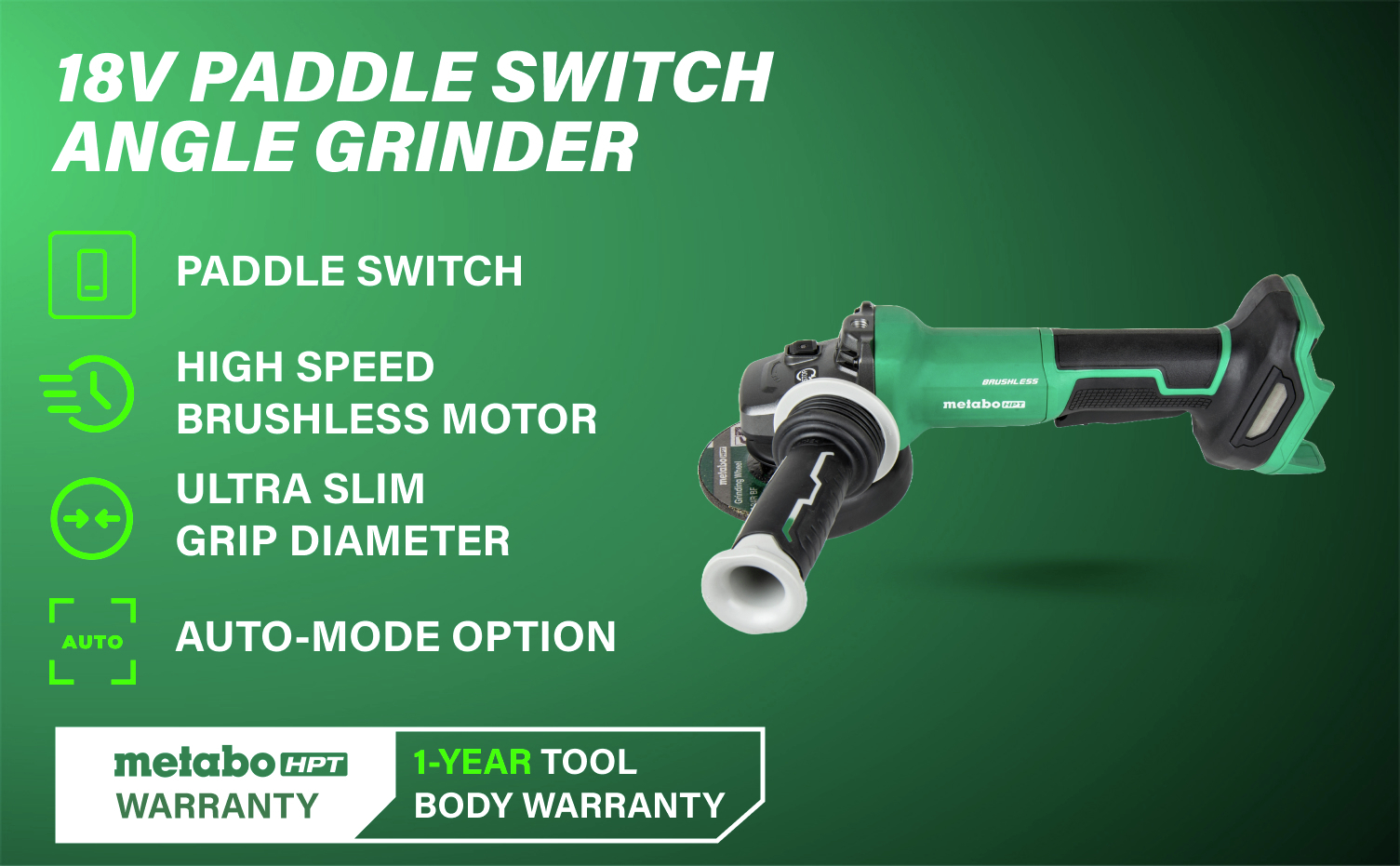 18V Paddle Switch Angle Grinder with brushless motor, slim grip, and auto mode for precision.