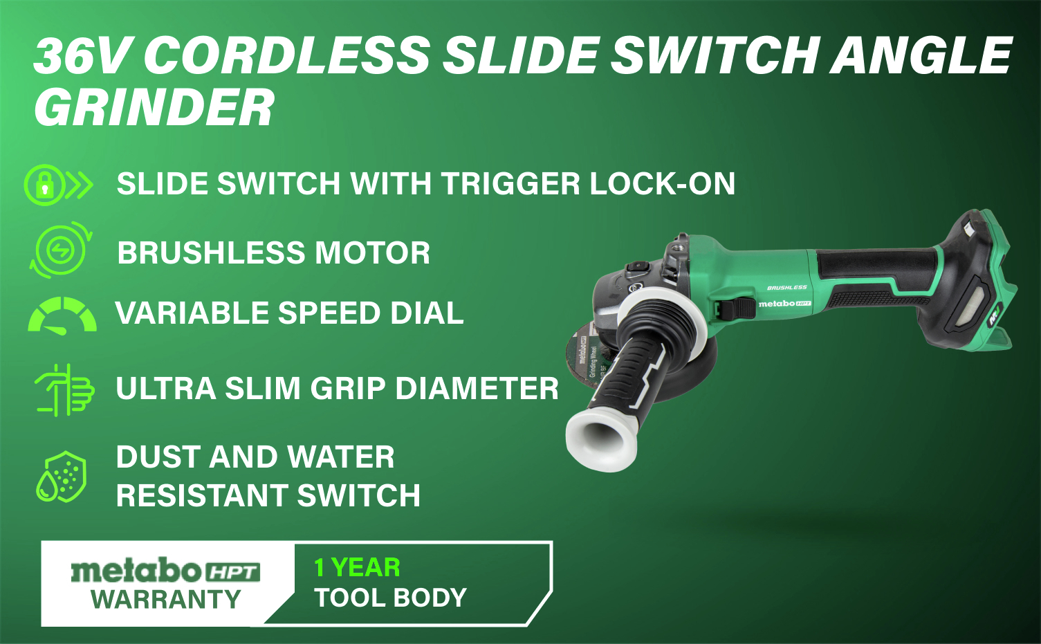36V Cordless Slide Switch Angle Grinder with brushless motor, variable speed, and dust/water-resistant switch.