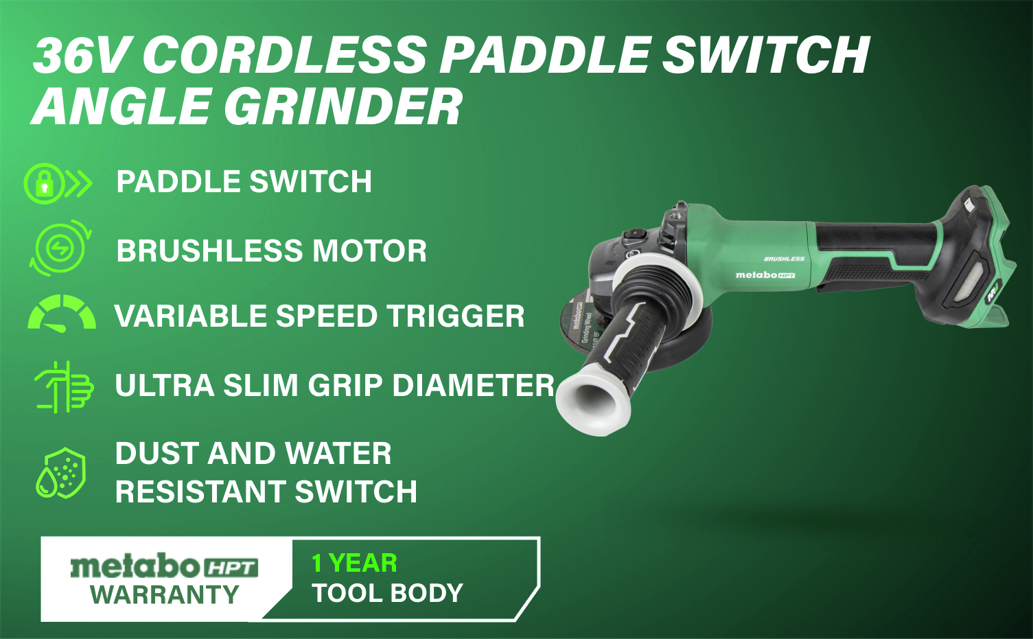 36V Cordless Paddle Switch Angle Grinder with brushless motor, variable speed, and dust/water-resistant switch.