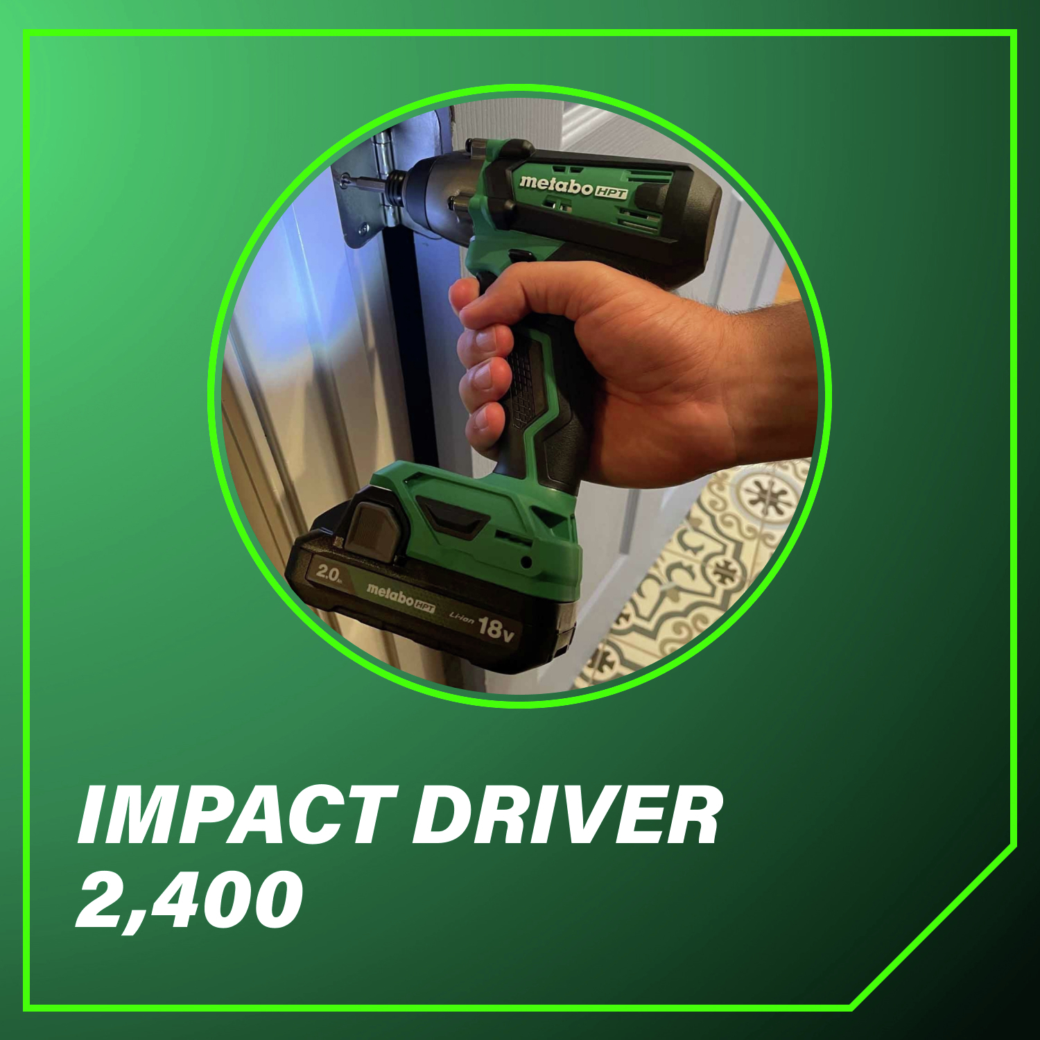 Impact driver 2,400 torque for heavy-duty fastening applications.