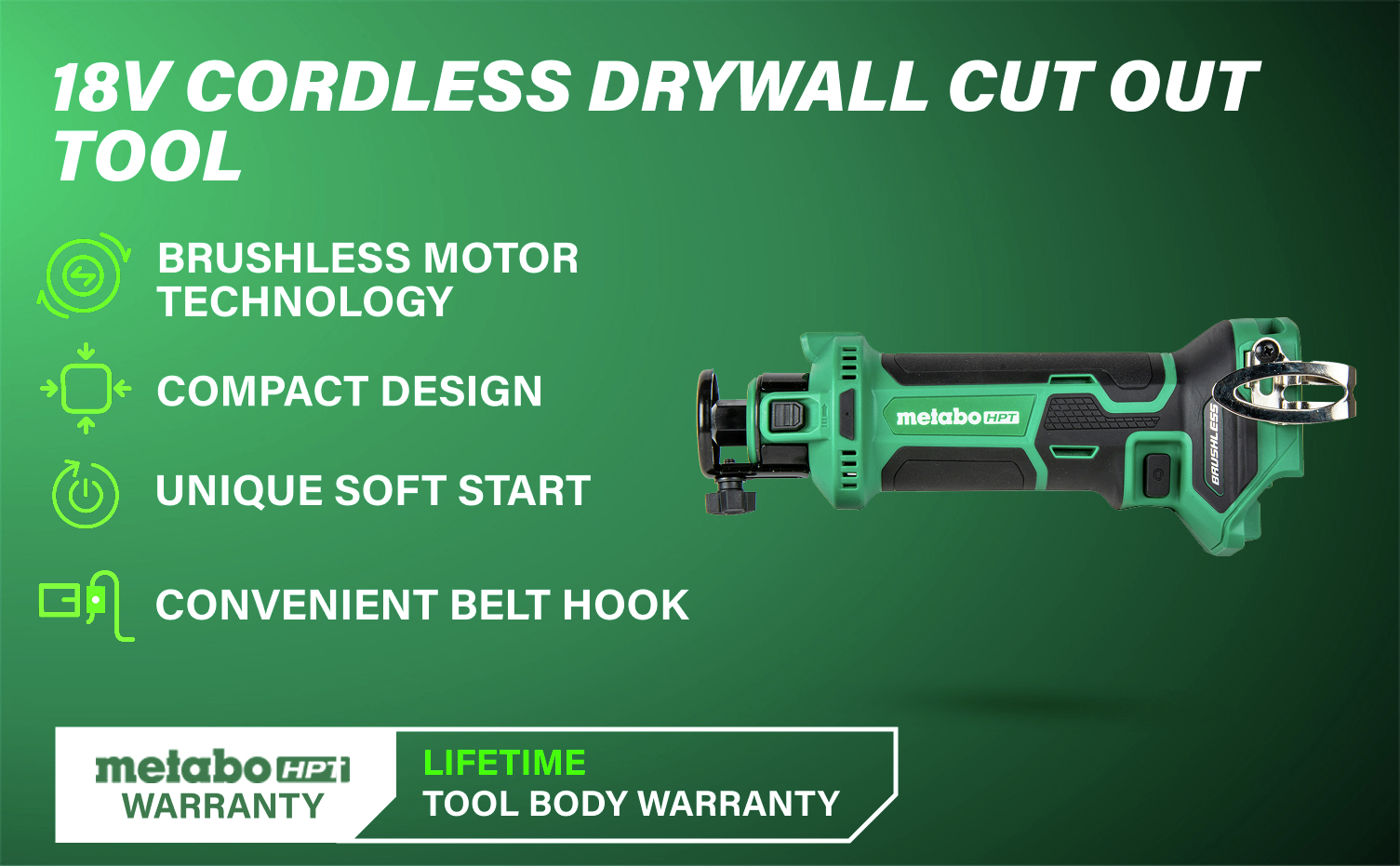 18V Cordless Drywall Cut Out Tool Brushless motor with compact design, soft start, and convenient belt hook.