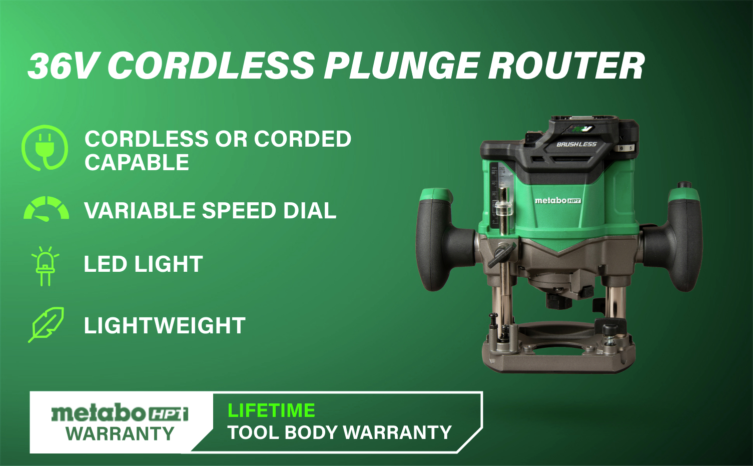 36V Cordless Plunge Router with variable speed and lightweight design for easy handling.