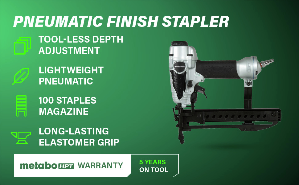 Pneumatic Finish Nailer with a 100-staple magazine and comfortable elastomer grip.