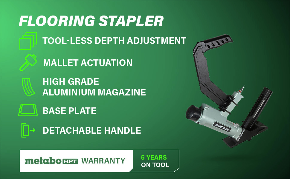 Flooring Stapler Features tool-less depth adjustment, mallet actuation, and a durable aluminum magazine.>
    </div>
<div class=
