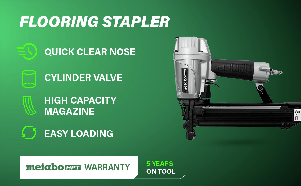 Flooring Stapler Built with quick clear nose, cylinder valve, and a high-capacity magazine.
