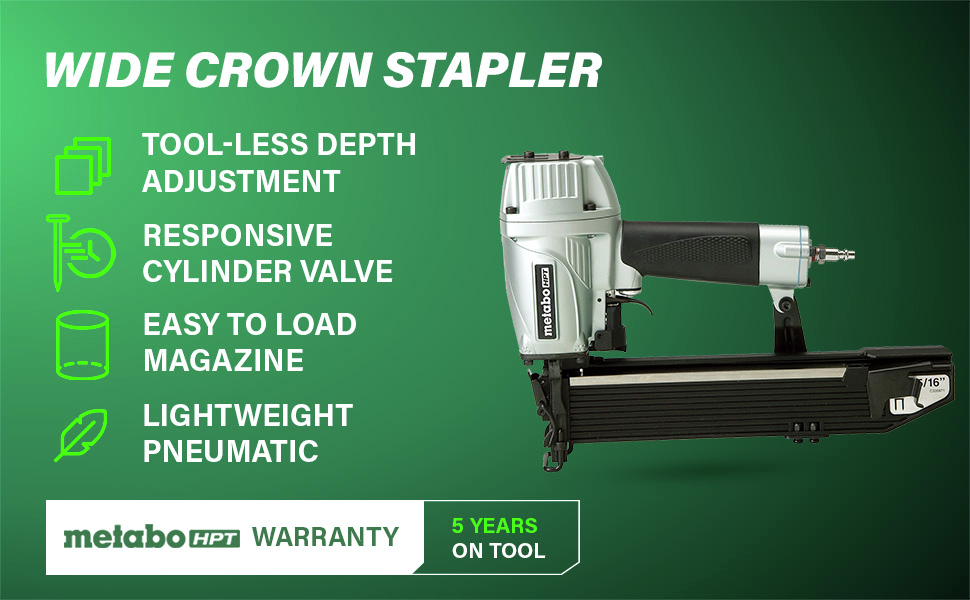 Wide Crown Stapler Lightweight pneumatic design with tool-less depth adjustment and easy loading.