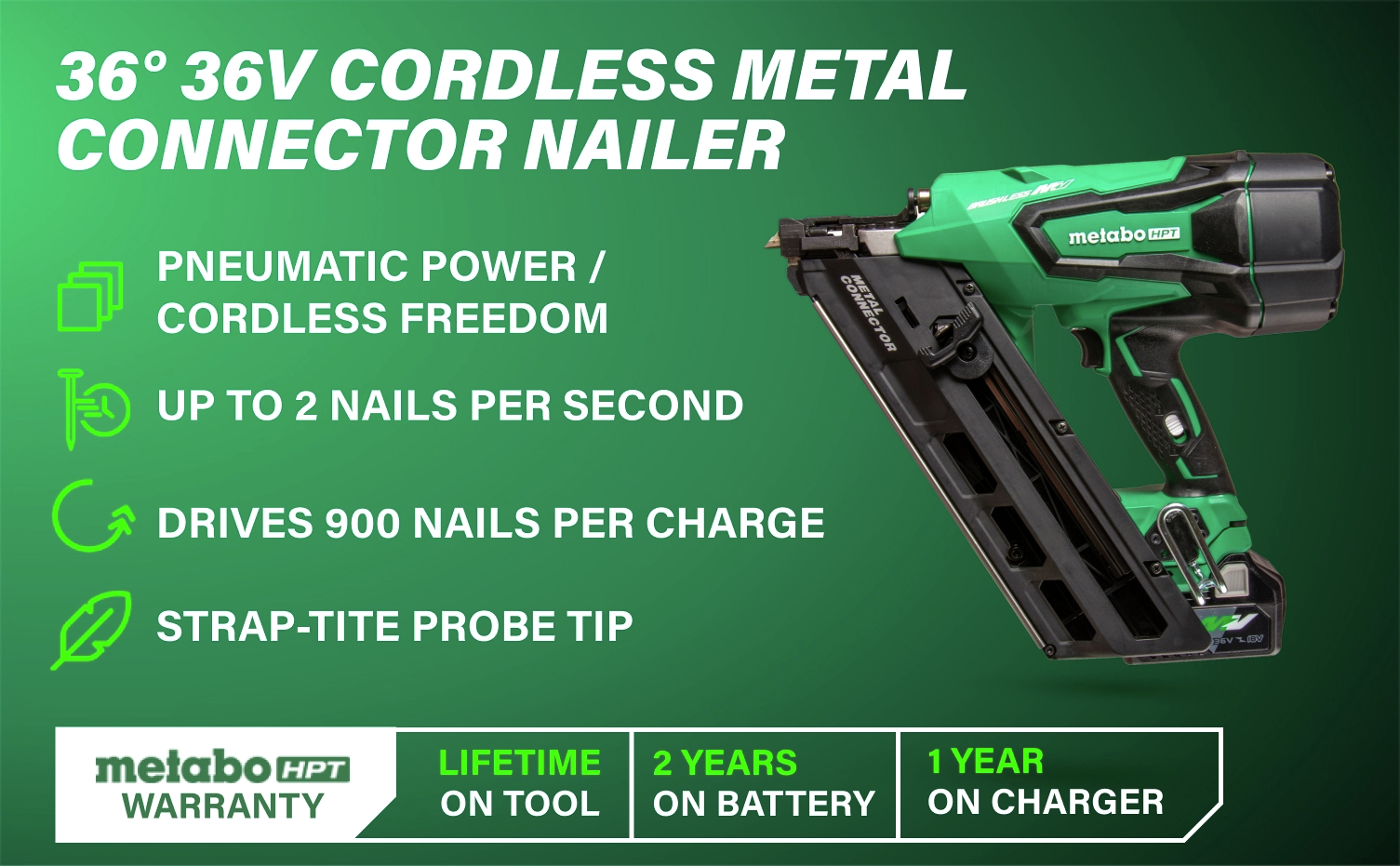36-Degree 36V Cordless Metal Connector Nailer Offers pneumatic power with cordless freedom, driving up to 2 nails per second and 900 nails per charge, featuring a Strap-Tite probe tip