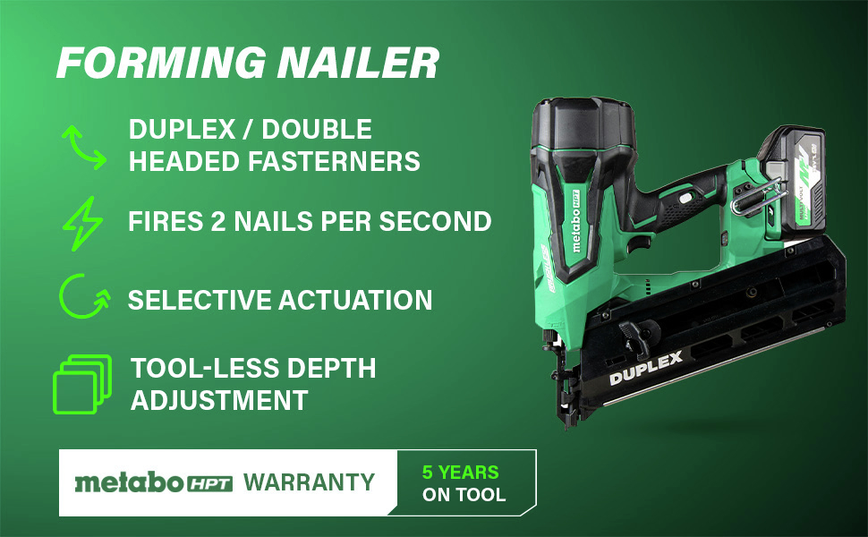 Forming Nailer Delivers high-speed duplex nailing with selective actuation and tool-less depth adjustment