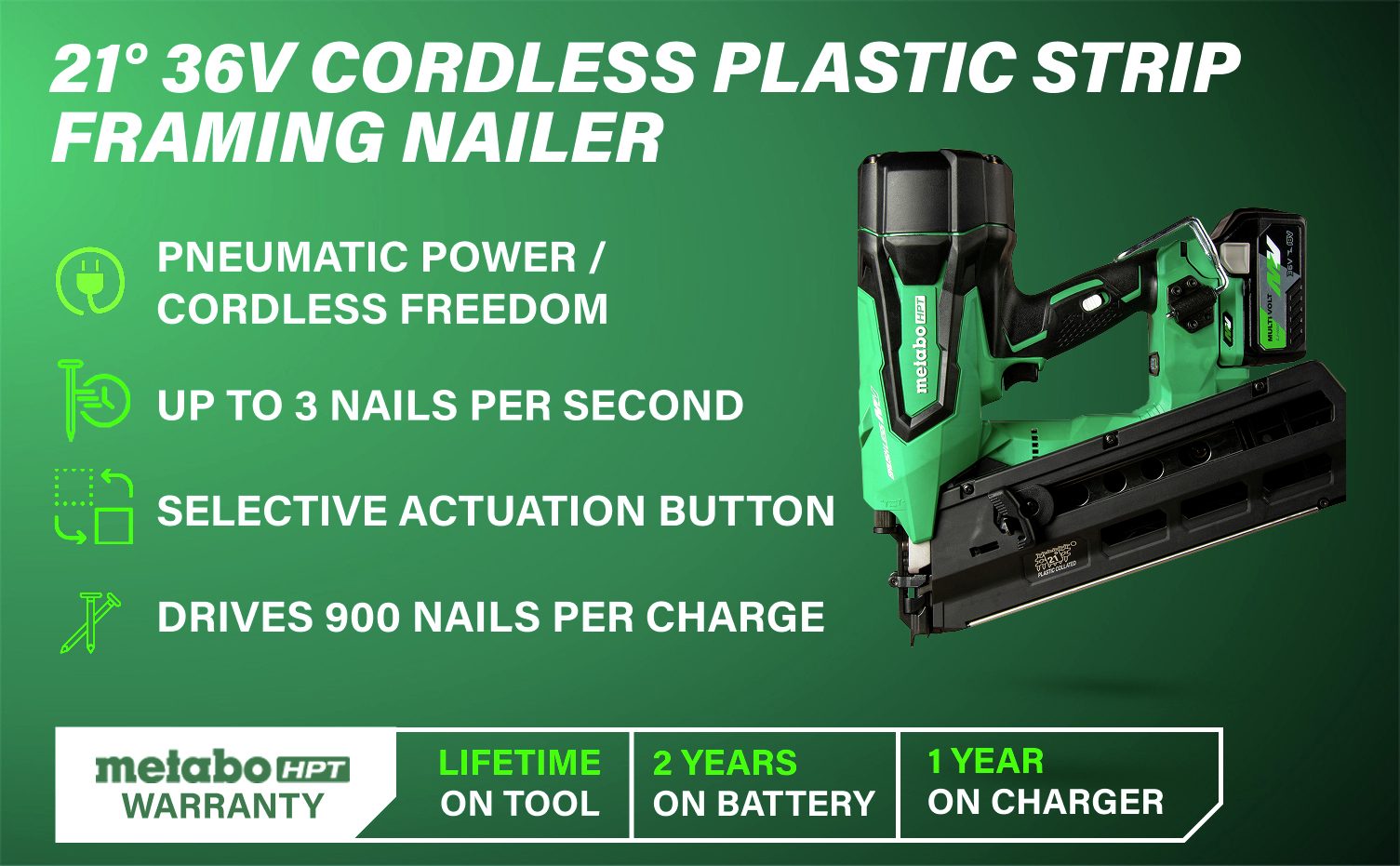 21-Degree 36V Cordless Plastic Strip Framing Nailer Combines pneumatic power with cordless freedom, driving up to 3 nails per second and 900 nails per charge