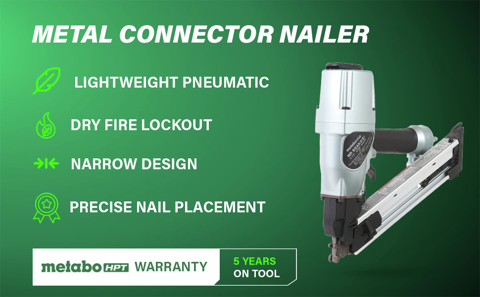 Metal Connector Nailer Lightweight pneumatic tool with a narrow design, dry fire lockout, and precise nail placement