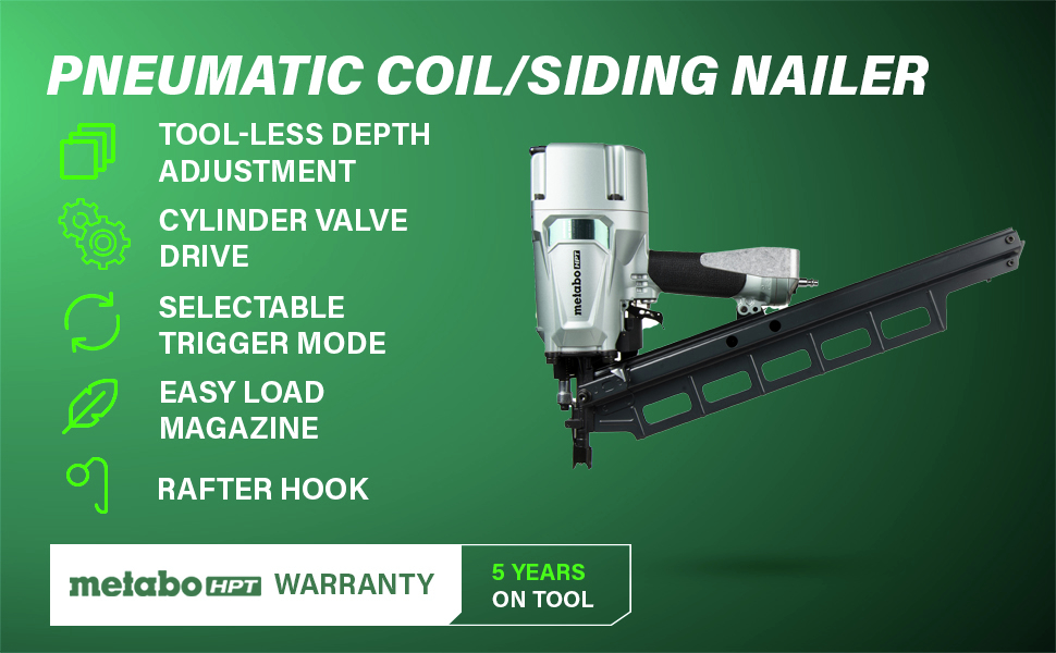 Pneumatic Coil/Siding Nailer Features tool-less depth adjustment, a cylinder valve drive, selectable trigger mode, an easy load magazine, and a rafter hook