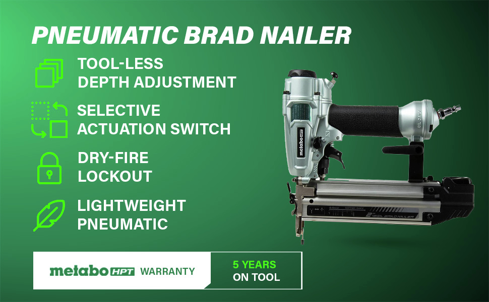 Pneumatic Brad Nailer Offers tool-less depth adjustment, selective actuation switch, dry-fire lockout, and a lightweight design