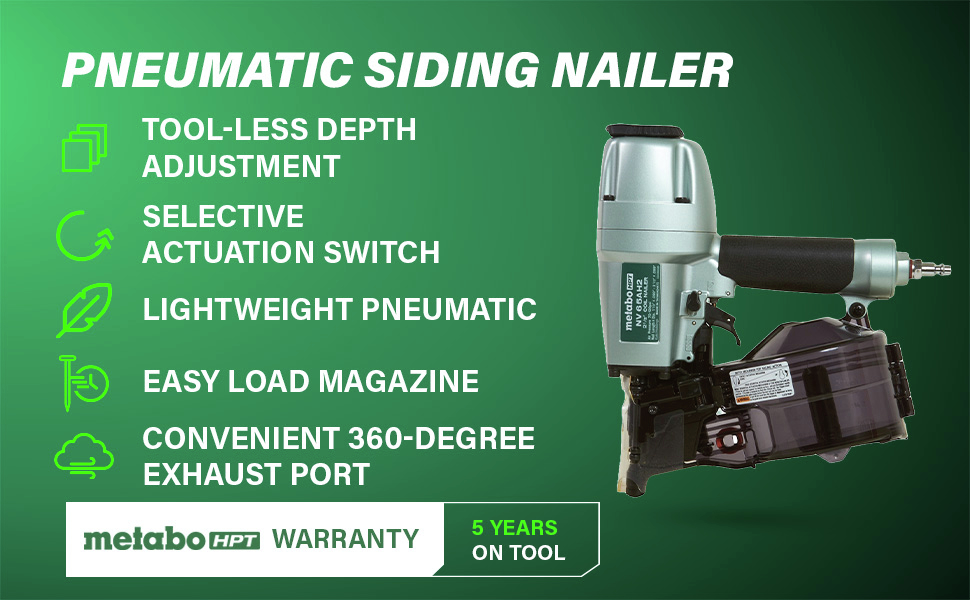 Pneumatic Siding Nailer Offers precision and ease with features like tool-less depth adjustment, a selective actuation switch, and a lightweight design.