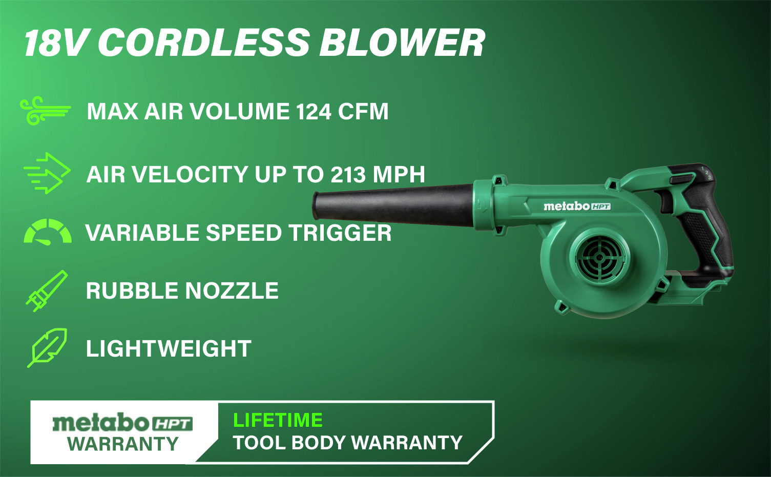 18V Cordless Blower Delivers powerful performance with up to 213 MPH air velocity, 124 CFM air volume, and a variable speed trigger—all in a lightweight