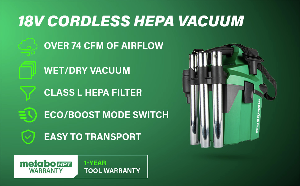 18V Cordless HEPA Vacuum Offers powerful airflow, wet/dry cleaning
