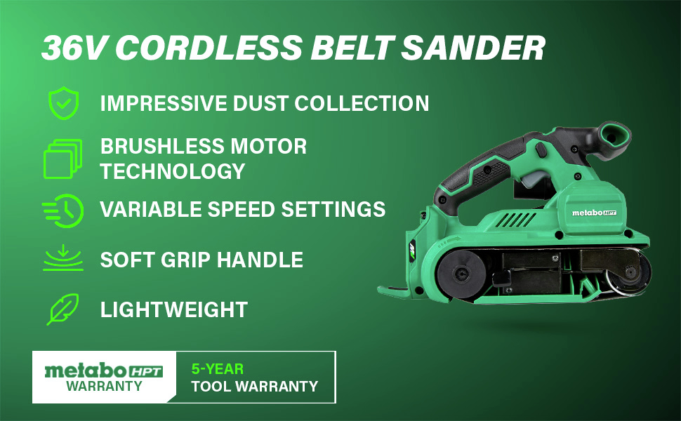 36V Cordless Belt Sander Offers impressive dust collection, brushless motor technology, variable speed settings, a soft grip handle, and lightweight design.