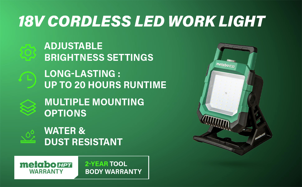 18V Cordless LED Work Light Offers adjustable brightness, up to 20 hours of runtime.