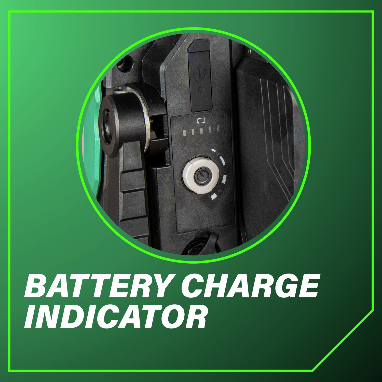 Battery Charge Indicator to easily monitor power levels at a glance.
