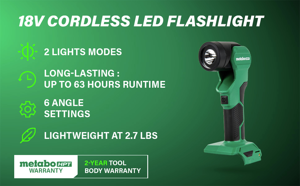 18V Cordless LED Flashlight Offers up to 63 hours of runtime, two light modes, six adjustable angles, and a lightweight 2.7 lbs. design.