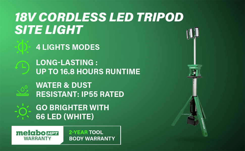 18V Cordless LED Tripod Site Light Featuring 4 brightness modes, up to 16.8 hours of runtime,  powerful white 66 LED and IP55-rated water and dust resistance.