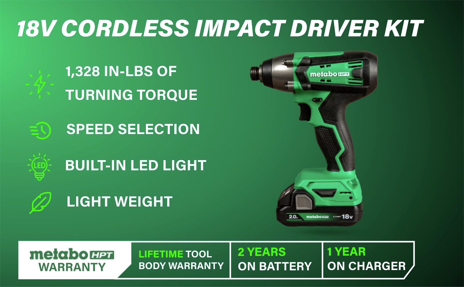 18V Cordless Impact Driver Kit Delivers powerful 1328 in-lbs. of torque, speed selection, a built-in LED light, lightweight design.